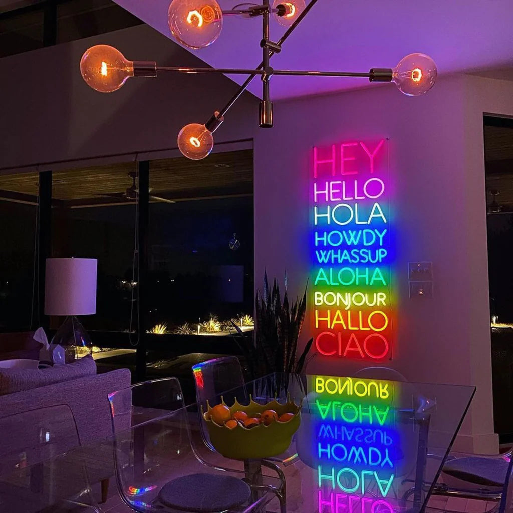 "Hey Hello Hola Howdy Whassup Aloha Hallo Bonjour Ciao" Neon Sign