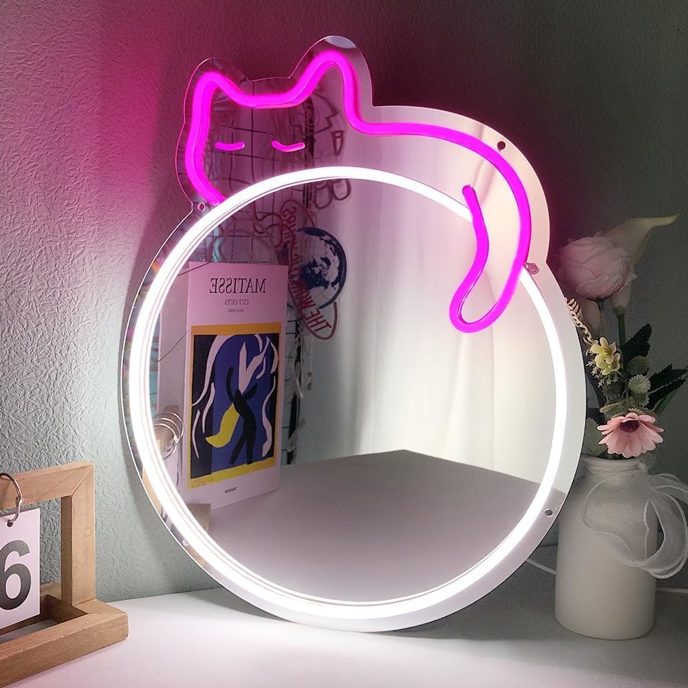 Cat mirror neon light